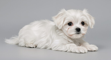 Maltese Puppy, with a Playful Mood, Lying Down, Against a Gray Background, with copy space