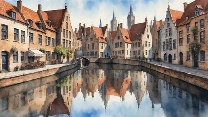 Fototapeta premium Historic European canal street in watercolor painting.