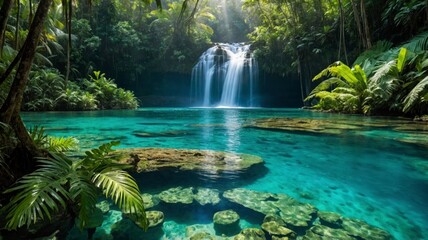 Fototapeta premium Serene Waterfall in Lush Tropical Paradise
