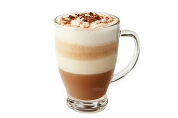 Obraz premium Layered coffee drink with whipped cream and chocolate shavings in a clear glass mug on a transparent background