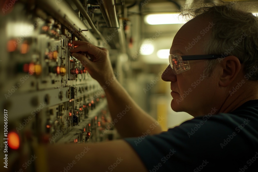 Aufkleber worker in protective glasses carefully fine-tunes a sophisticated machine in an organized factory, h