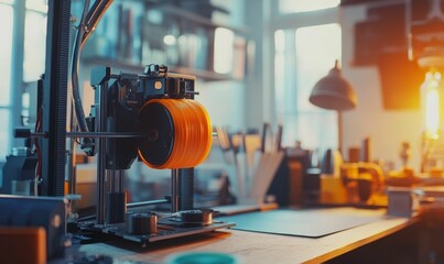 3D printer filament spool at work in a workshop.
