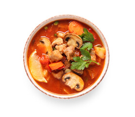 Bowl of tasty beef stew on white background