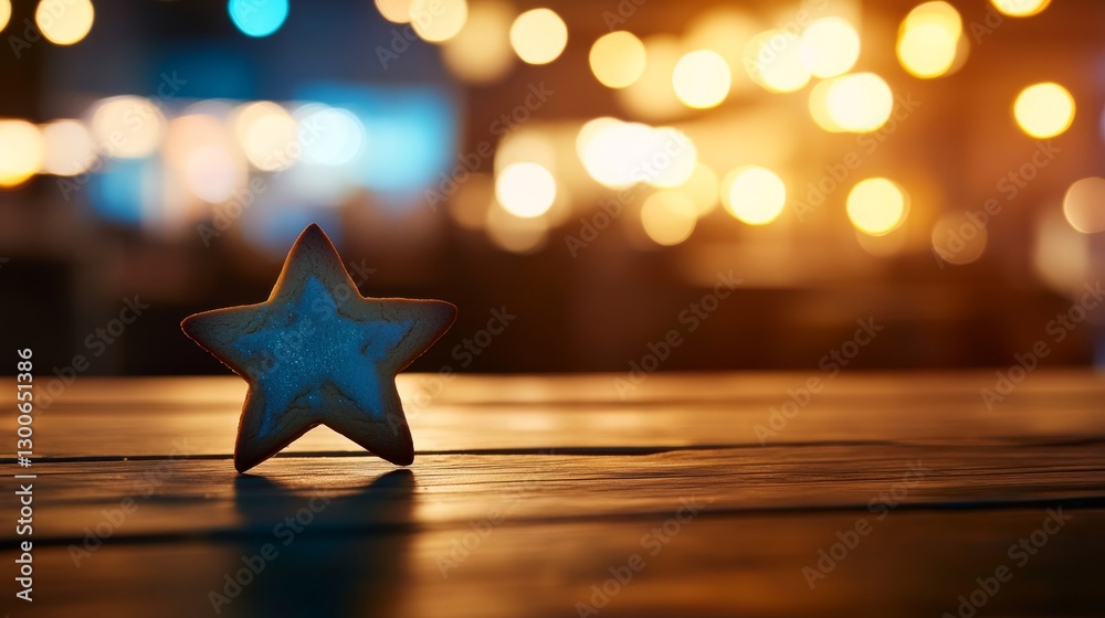 Aufkleber A single gingerbread cookie shaped like a star sits on a rustic wooden table. Softly glowing fairy lights create a warm and inviting atmosphere in the background