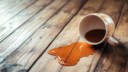 Cup with spilled drink on wooden floor