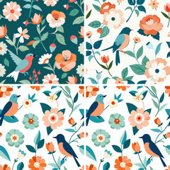 Flowers and birds seamless watercolor pattern editable vintage retro vector flower seamless watercolor pattern handmade print a