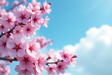 Plum blossoms against a soft blue sky with fluffy white clouds, cloud, sky