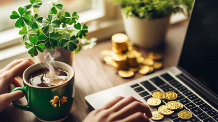 Close-up of a woman’s hands on a laptop keyboard with a St. Patrick’s Day-themed coffee mug filled with steaming coffee, a vibrant green shamrock plant, and gold foil-wrapped chocolate coins 