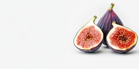 Two figs have been cut in half and placed on a white background