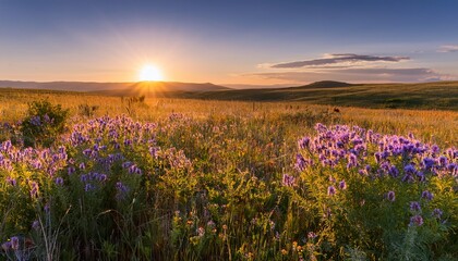 Fototapeta premium prairie wildflowers glow in the light of a setting sun