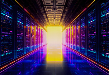 Fototapeta premium Ein futuristischer Serverraum mit leuchtenden Lichtstreifen