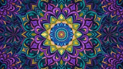 Design a richly detailed mandala-inspired background with intricate patterns and jewel tones.