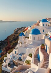 Highly Detailed 3D Illustration of Santorini: White-Washed Buildings with Blue Domes on Cliffside, Overlooking Aegean Sea in Golden Sunlight