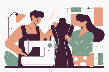 Fashion Designers Collaborating in Studio with Sewing Machine and Dress Form Illustration