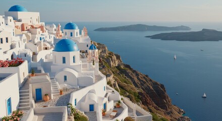 Highly Detailed 3D Illustration of Santorini: White-Washed Buildings with Blue Domes on Cliffside, Overlooking Aegean Sea in Golden Sunlight