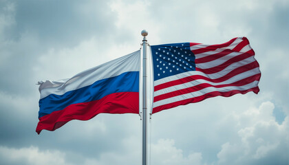 Fototapeta premium U.S. and Russia Flags Side by Side in the Wind. Representing a History of Diplomacy, Conflict, and Uncertainty.