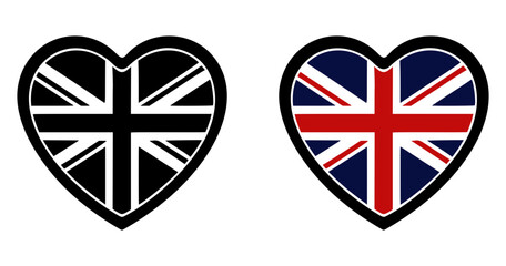 Obraz premium United Kingdom Union Jack flag in a shape of heart, vector icon, black outline, clear lines