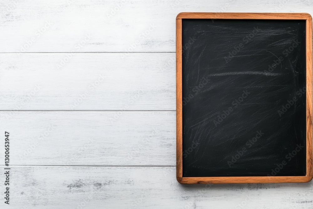 Poster a rectangular blackboard lies on a white surface, featuring faint chalk marks. it provides ample spa