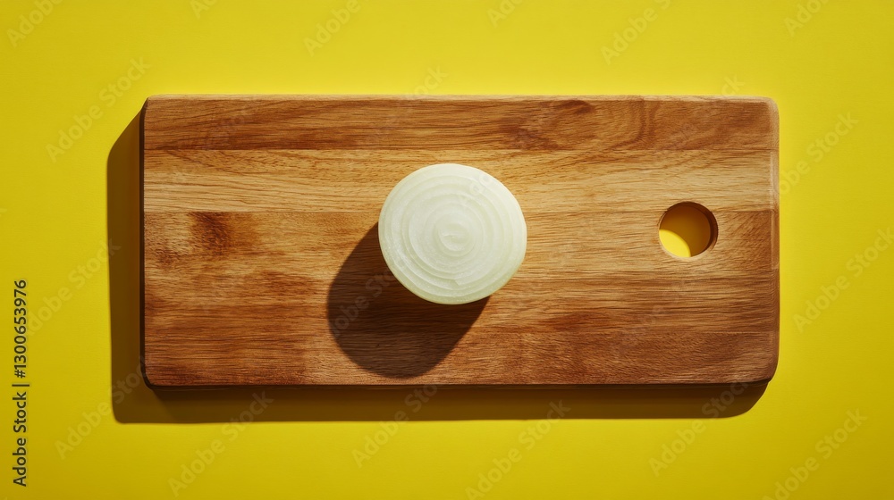 Poster freshly sliced white onion rests on a clean wooden cutting board with a vibrant yellow backdrop, cre