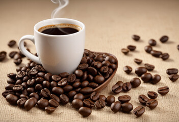 Obraz premium Close-up of coffee cup with coffee beans on table in Bandung, Indonesia