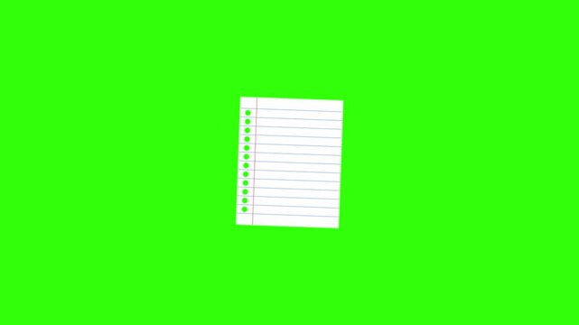 This animated notebook sheet features blue horizontal lines and a red left margin on a green background, the blank and lined paper is perfect for illustrating writing, notes, and organization, school 