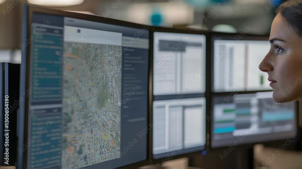 Aufkleber female security professional analyzing digital screens with real time map data and network informati