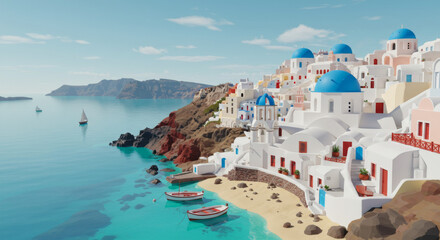 Naklejka premium Highly Detailed 3D Illustration of Santorini: White-Washed Buildings with Blue Domes on Cliffside, Overlooking Aegean Sea in Golden Sunlight