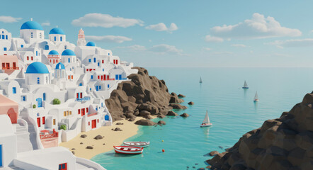 Naklejka premium Highly Detailed 3D Illustration of Santorini: White-Washed Buildings with Blue Domes on Cliffside, Overlooking Aegean Sea in Golden Sunlight