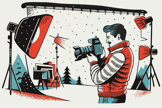 Winter Photography Studio Setup with Photographer Capturing Nature-Themed Background