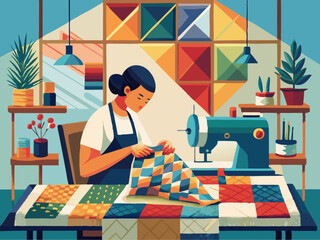 Skilled Artisan Quilting Colorful Patchwork in Cozy Studio with Sewing Machine