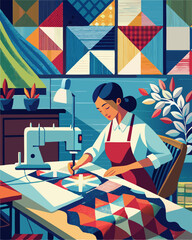 Creative Quilt Making: Woman Sewing Colorful Fabric Patterns in Artistic Studio Setting