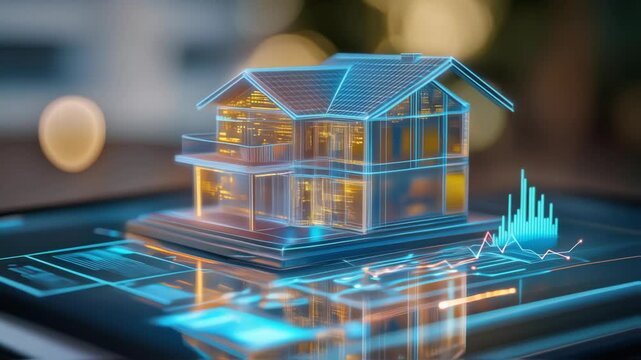 Holographic interface rotating and displaying smart home energy consumption data on transparent futuristic screen, visualizing interconnected wireless building management system parameters
