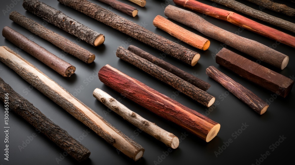 Aufkleber An assortment of wooden logs and branches is meticulously arranged to showcase their unique textures and grains, illuminated by natural light on a dark surface