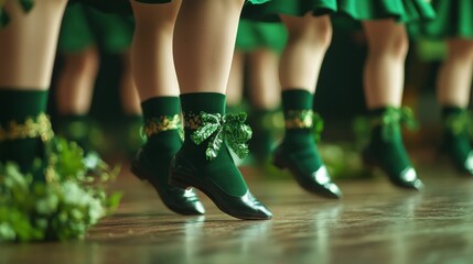 Dancers wear green shoes and socks performing on wooden floor.