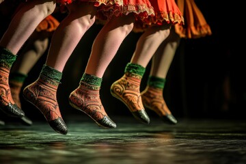 Dancers jump with colorful socks mid-air during a performance.