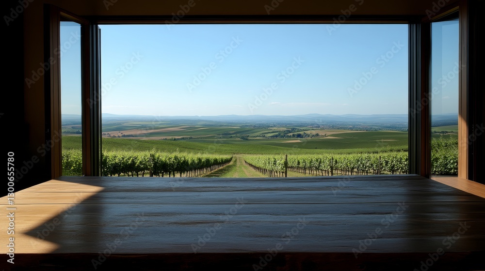 Aufkleber An open window frames a rustic table overlooking sprawling green hills and a vineyard, inviting tranquility and relaxation under bright blue skies