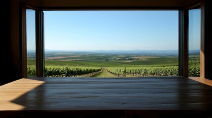 Fototapeta premium An open window frames a rustic table overlooking sprawling green hills and a vineyard, inviting tranquility and relaxation under bright blue skies