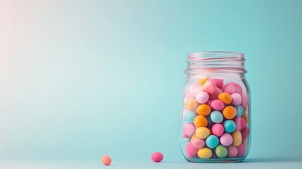 Pastel-colored candies in a glass jar against a light blue background.