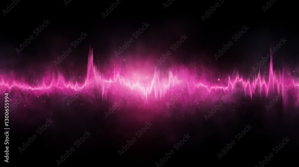 Poster Frontal close-up captures a vibrant neon pink soundwave pattern illuminating a black textured background, emphasizing themes of digital innovation and technology