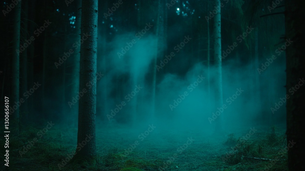 Poster swirling mist weaves through a dense forest of fir trees, illuminated by gentle moonlight, creating 