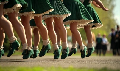 Dancers leap in green skirts and shoes performing Irish dance.