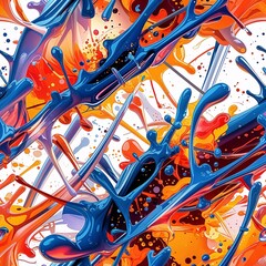 Obraz premium Colorful splashes of blue, orange, and red create an energetic seamless pattern. This design adds a lively touch to various creative projects or backgrounds while maintaining a modern aesthetic