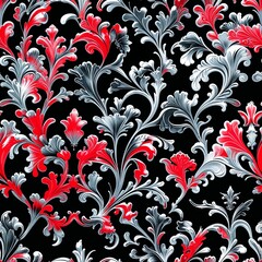 Intricate floral motifs create a seamless pattern featuring bold red and shimmering silver on a deep black backdrop, perfect for a variety of decorative uses in textiles and wallpapers