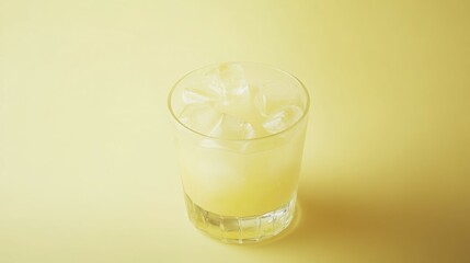 Refreshing yellow beverage with ice in a rocks glass.