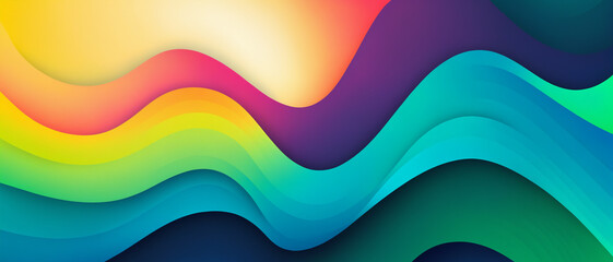 layered abstract paper cut shapes in vibrant rainbow hues, modern 3d effect with dynamic flowing design