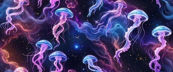 Vibrant jellyfish gracefully drift through a cosmic background filled with swirling colors, creating a mesmerizing seamless pattern that enhances any surface © Ocelia_Mg