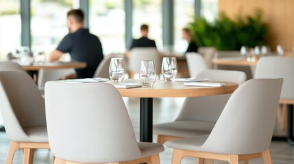 Modern School Cafeteria Design Concept, Elegant Multi-Level Dining Hall with Bright Atmosphere and Modern Furnishings for Social Gatherings