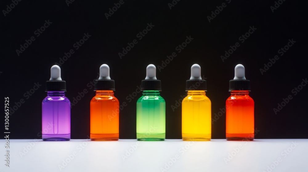 Poster A row of five dropper bottles displays vibrant colors, glowing against a dark backdrop. Each bottle adds to a captivating and mysterious atmosphere