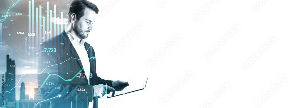 Poster businessman analyzing financial data on a tablet with stock market graphs overlay.