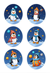 Fototapeta premium Original Outer Space Snowman Penguin Cartoon Elements Set
